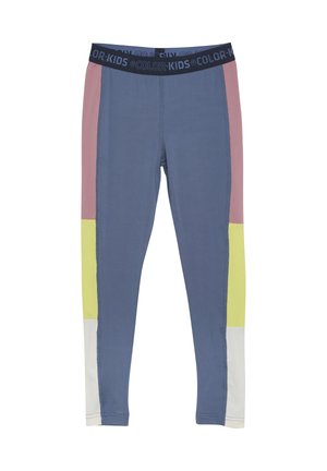 Multikleurige leggings met een blauwe basis, voorzien van roze, gele en witte panelen. Elastiche tailleband met de tekst "KLEUR: KINDEREN". Glad van structuur.