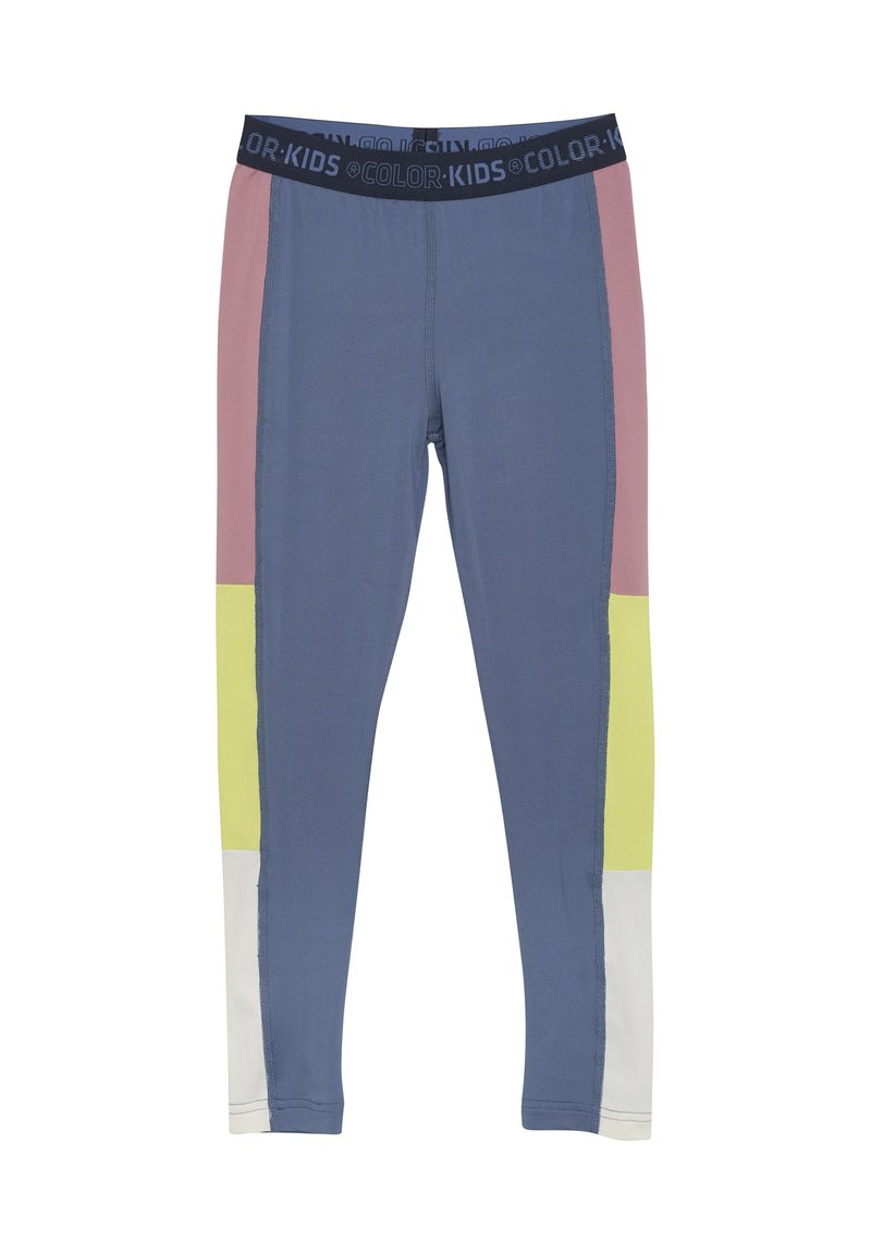 Flerfärgade tights med blå bas som har paneler i rosa, gult och vitt. Elastisk midja med texten "FÄRG: BARN". Slät textur.