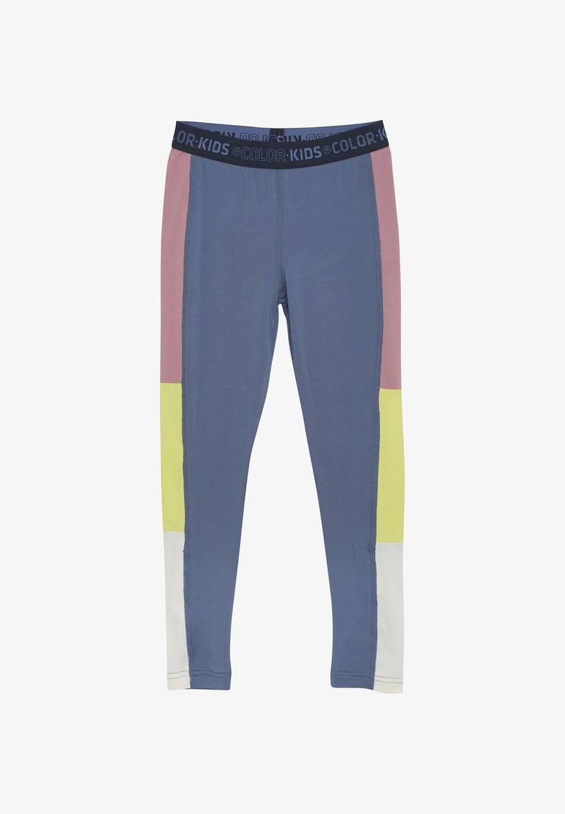Flerfärgade tights med blå bas som har paneler i rosa, gult och vitt. Elastisk midja med texten "FÄRG: BARN". Slät textur.
