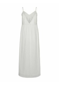 Robe en lin blanc avec des bretelles spaghetti ajustables, un décolleté en V profond et une taille froncée, ornée de délicates touches de dentelle et d'une silhouette fluide.