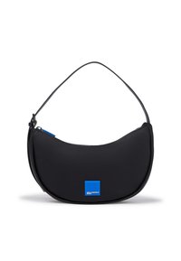 Black leather bag with a curved shape, featuring a blue square logo and a zippered side accent. Single adjustable strap included.