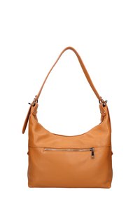 Borsa a tracolla in pelle tan con una superficie morbida e testurizzata. Presenta una tasca frontale con zip e una singola tracolla regolabile.