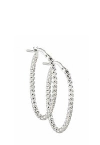 Silver hoop earrings with a braided design, featuring a glossy finish and a polished texture. Simple clasp closure for secure wear.