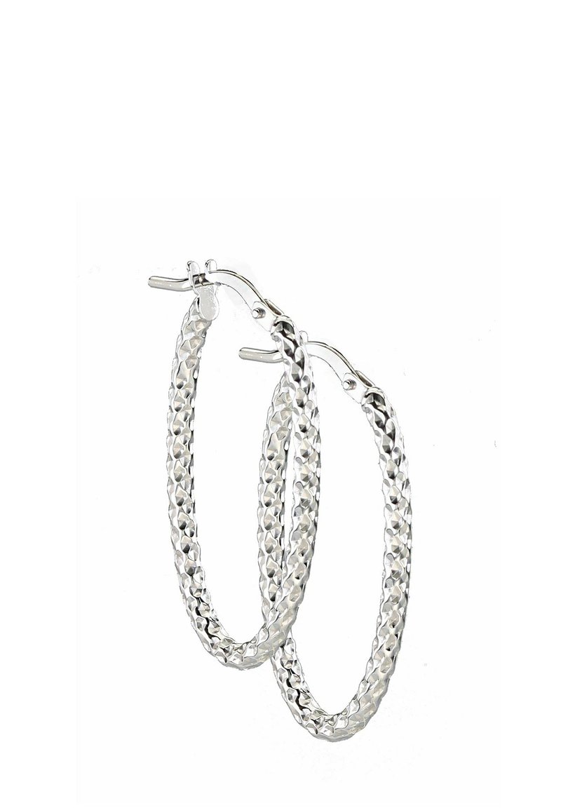 Silver hoop earrings with a braided design, featuring a glossy finish and a polished texture. Simple clasp closure for secure wear.