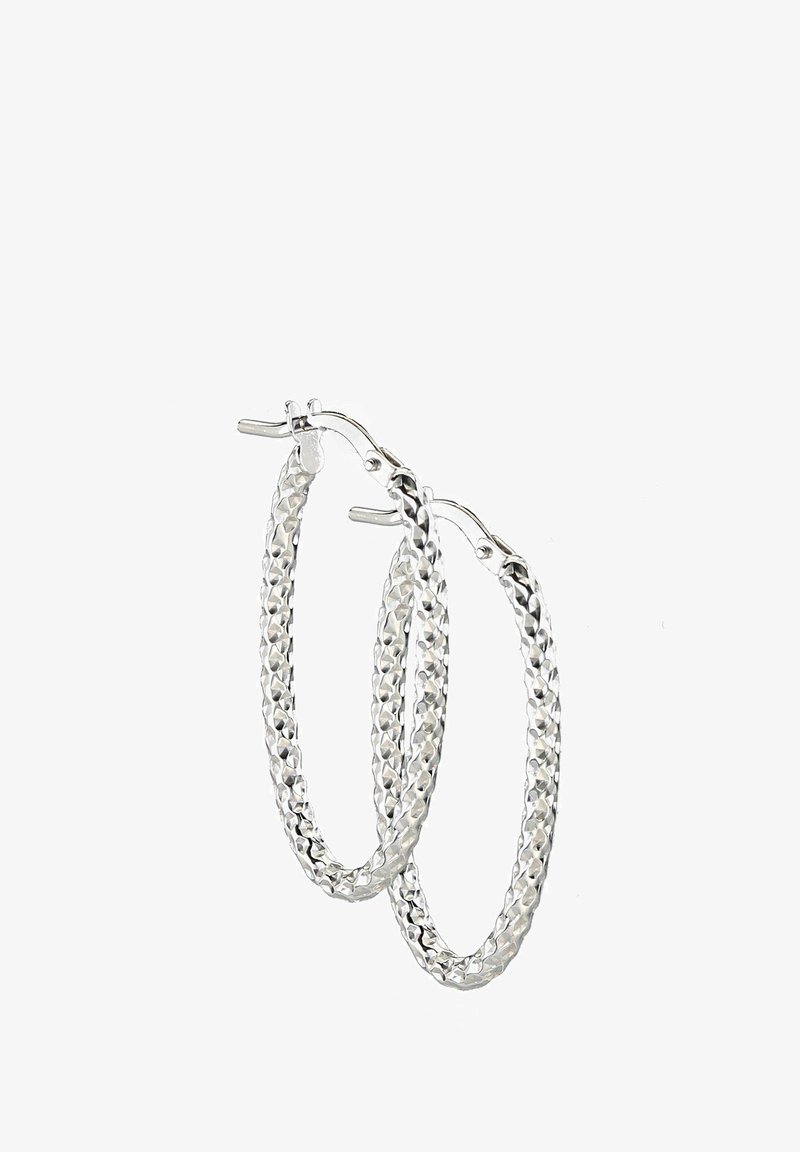 Silver hoop earrings with a braided design, featuring a glossy finish and a polished texture. Simple clasp closure for secure wear.
