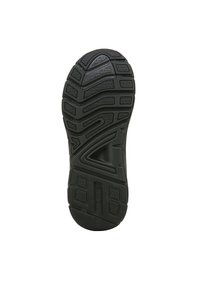 Black rubber shoe sole with deep treads and textured patterns. Features ridges and flex grooves for enhanced grip and flexibility.