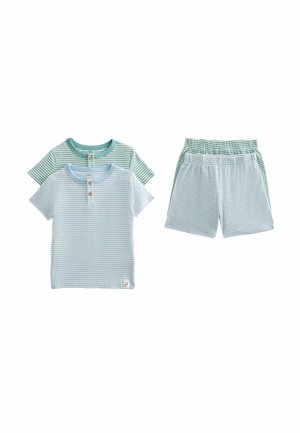 Two short-sleeve checkered henley shirts and two matching elastic waist shorts in blue and green tones laid flat on white.