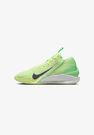 Sapatilha atlética amarelo-verde brilhante com um cabedal texturizado, logotipo swoosh preto e uma distinta peça de calcanhar prateada. Possui acentos verdes.