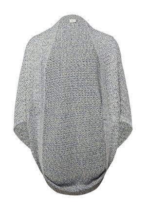 Szary, dziergany kardigan z otwartym przodem, o teksturowanym wzorze i szerokich rękawach typu nietoperz, z metką "s.Oliver" przy dekolcie.
