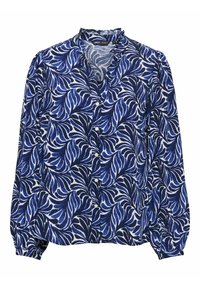 Blouse à manches longues bleu et blanc avec un motif floral de feuilles, fermeture à boutons et col à volants, confectionnée dans un tissu léger.