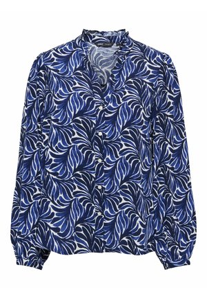 Blusa a maniche lunghe blu e bianca con motivo floreale a foglie, chiusura con bottoni e scollo arricciato, realizzata in tessuto leggero.