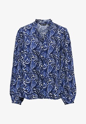 Zila un balta blūze ar garām piedurknēm un ziedu lapu rakstu, ar pogu aizdari un volānu apakšmalu, izgatavota no viegla auduma.