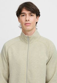 Light beige zip-up jacket with a high collar, made from textured fabric, featuring raglan sleeves and a central zipper.