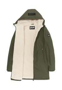 Veste d'extérieur vert olive avec intérieur en fausse fourrure, grande capuche, fermeture éclair avant et poches latérales. Présente un logo Schott sur la poitrine.
