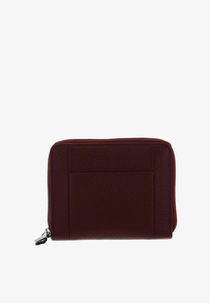 Portefeuille en cuir bordeaux à surface texturée, doté d'une fermeture éclair et d'un emplacement extérieur pour cartes pour plus de commodité.