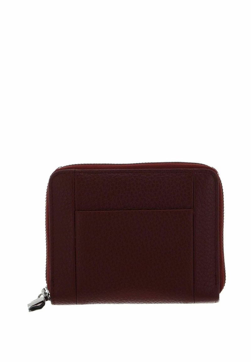 Portefeuille en cuir bordeaux à surface texturée, doté d'une fermeture éclair et d'un emplacement extérieur pour cartes pour plus de commodité.