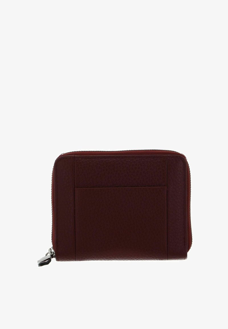 Portefeuille en cuir bordeaux à surface texturée, doté d'une fermeture éclair et d'un emplacement extérieur pour cartes pour plus de commodité.