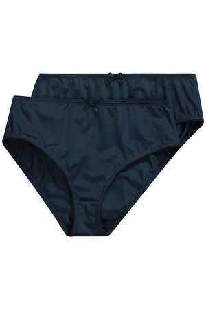 Dos bragas de bikini de color azul marino para mujer con pequeños lazos decorativos en la parte central delantera de la cintura, apiladas sobre un fondo blanco.