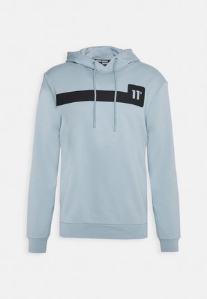 Light blue hooded sweatshirt with black horizontal stripe and "11°" logo on chest, featuring drawstrings and long sleeves.