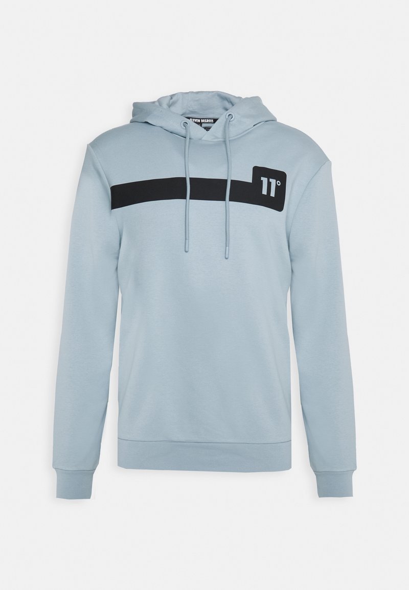 Sweat à capuche bleu clair avec une bande horizontale noire et le logo "11°" sur la poitrine, doté de cordons de serrage et de manches longues.