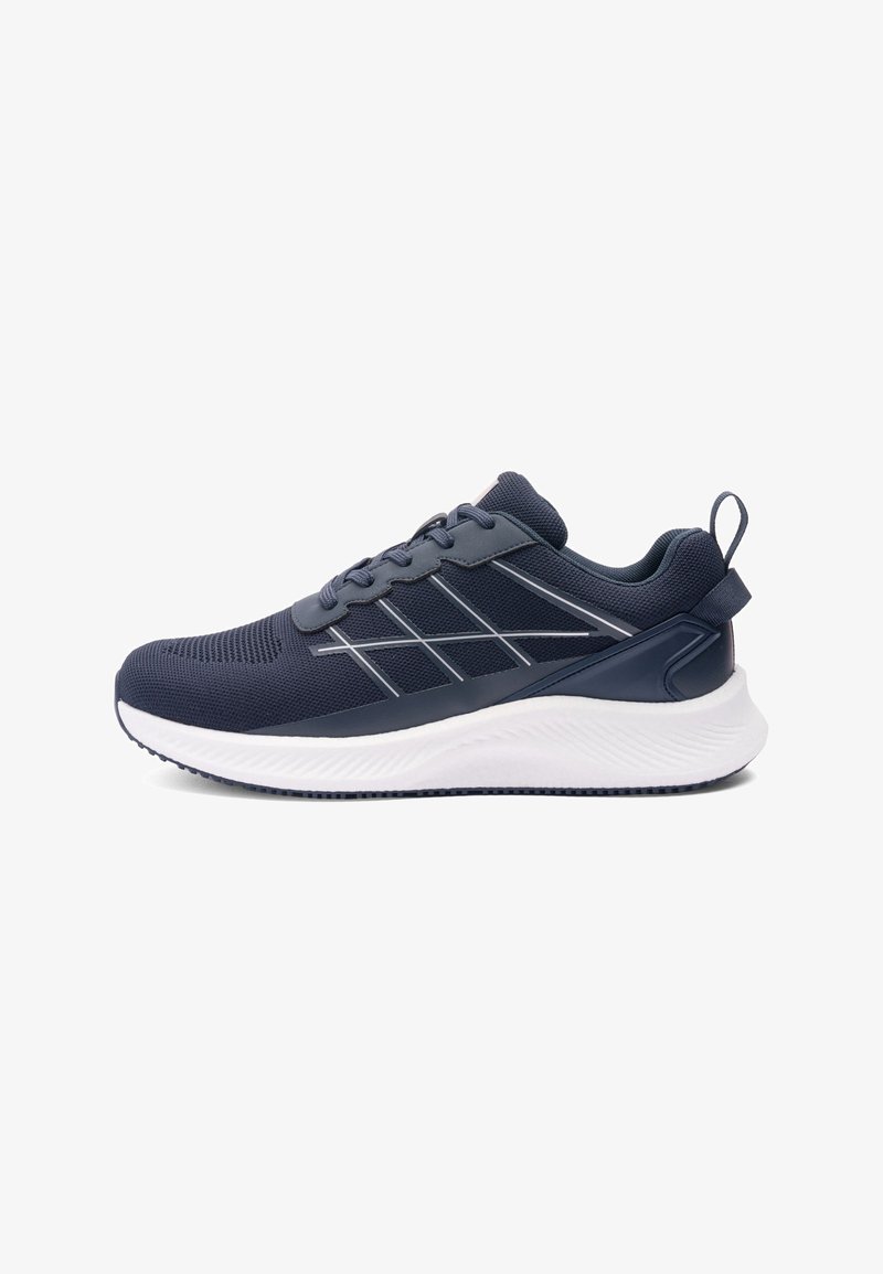 Scarpe sportive da uomo in rete blu navy con accenti grigi, suola in gomma, design con lacci e linguetta posteriore per una facile calzata. Presentano una tomaia testurizzata.