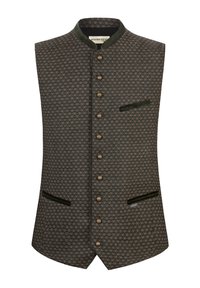 Schwarz gemusterte Weste mit floralem Design, runder Kragen, fünf braune Knöpfe auf der Vorderseite und zwei Seitentaschen mit Samtakzenten.