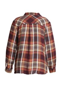 Chemise à manches longues à carreaux avec des rayures marron, orange, blanche et grise, vue de dos avec des poignets boutonnés et un détail d'empiècement.