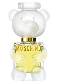 Heldere fles in de vorm van een beer, met een matte witte dop, gouden accenten en gele vloeistof. "Moschino" is op de voorkant gegraveerd.