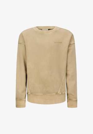 Beige Crewneck-Sweatshirt mit gerippten Bündchen und Saum, subtilen schrägen Nahtdetails und kleinem "Retour Jeans"-Logo auf der linken Brust.