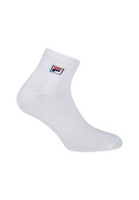 Chaussette blanche à la cheville en mélange de coton extensible, avec un petit logo bleu, rouge et noir sur le côté. Texture lisse et design ajusté.