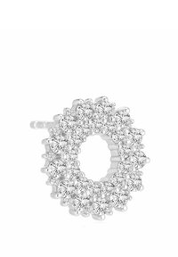 Silver cirkulär studsmycke dekorerat med flera små klara kristaller, med en hålig mitt och en slät, polerad yta.