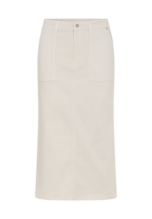 Jupe beige mi-genou avec poches plaquées à l'avant, passants de ceinture et fermeture boutonnée avec glissière.