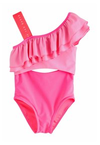 Eén stuk badpak in helderroze, met een schouderband met ruches, uitsnijding en een strap met logo-print. Gladde, rekbare stof.