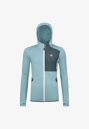Light blue hoodie jacket with a dark blue chest panel, full zip, and two zippered side pockets. Features long sleeves and thumbholes.