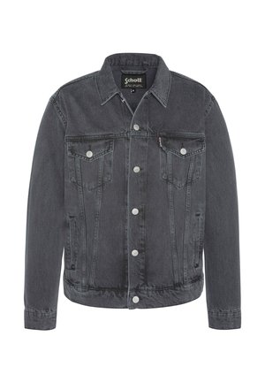 Veste en denim gris foncé, avec une fermeture à bouton, deux poches poitrine et des poches latérales. Design classique avec une coupe structurée et des coutures visibles.