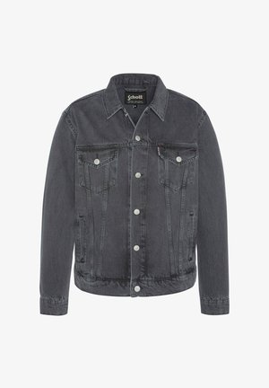 Veste en denim gris foncé, avec une fermeture à bouton, deux poches poitrine et des poches latérales. Design classique avec une coupe structurée et des coutures visibles.