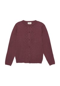 Burgunderfarbener, gestrickter Cardigan mit rundem Ausschnitt, Knopfverschluss und strukturiertem Rautenmuster auf der Vorderseite. Lange Ärmel und gerippter Saum.