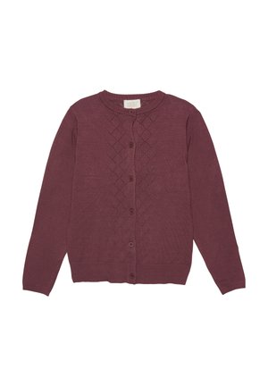 Cardigan en tricot bordeaux avec un col rond, fermeture à boutons et motif en losanges texturé sur le devant. Manches longues et ourlet côtelé.