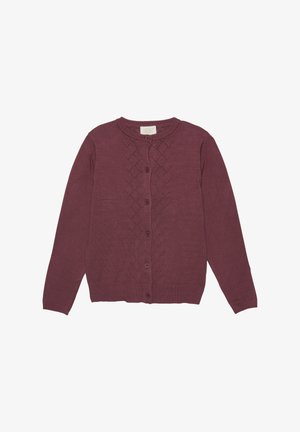 Bordeaux gebreide cardigan met ronde hals, knoopsluiting en een gestructureerd ruitpatroon aan de voorkant. Lange mouwen en geribbelde zoom.