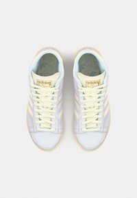 Ett par ljusgrå Adidas-sneakers med krämfärgade snören och tre krämfärgade ränder, sett uppifrån mot en enfärgad vit bakgrund.