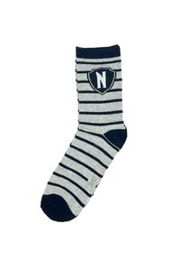 Gestrickte Socken mit grauen und marineblauen Streifen, versehen mit einem Logo auf einem Schild. Das Material wirkt strukturiert und eignet sich gut für den lässigen Gebrauch.