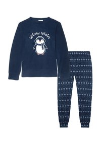Camiseta de manga larga de forro polar azul marino con estampado de pingüinos "Bienvenido Invierno" y pantalones azul marino a juego con un patrón de copos de nieve.