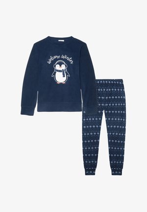 Tricou din polar de culoare bleumarin cu mânecă lungă, imprimat cu un pinguin cu mesajul „Bun venit, Iarnă” și pantaloni bleumarin asortați, cu un model de fulgi de zăpadă.