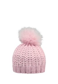 Pink knitted winter hat with cable knit pattern and large fluffy pom-pom on top, isolated on white background.