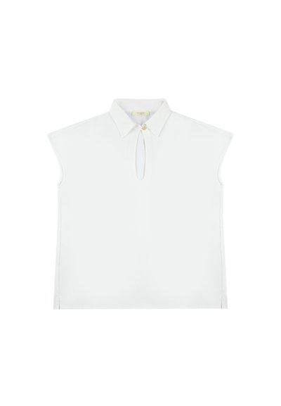 Blusa bianca senza maniche con colletto, apertura a occhio di bue sul davanti e una vestibilità leggermente rilassata. Tessuto morbido e liscio con bordi puliti.