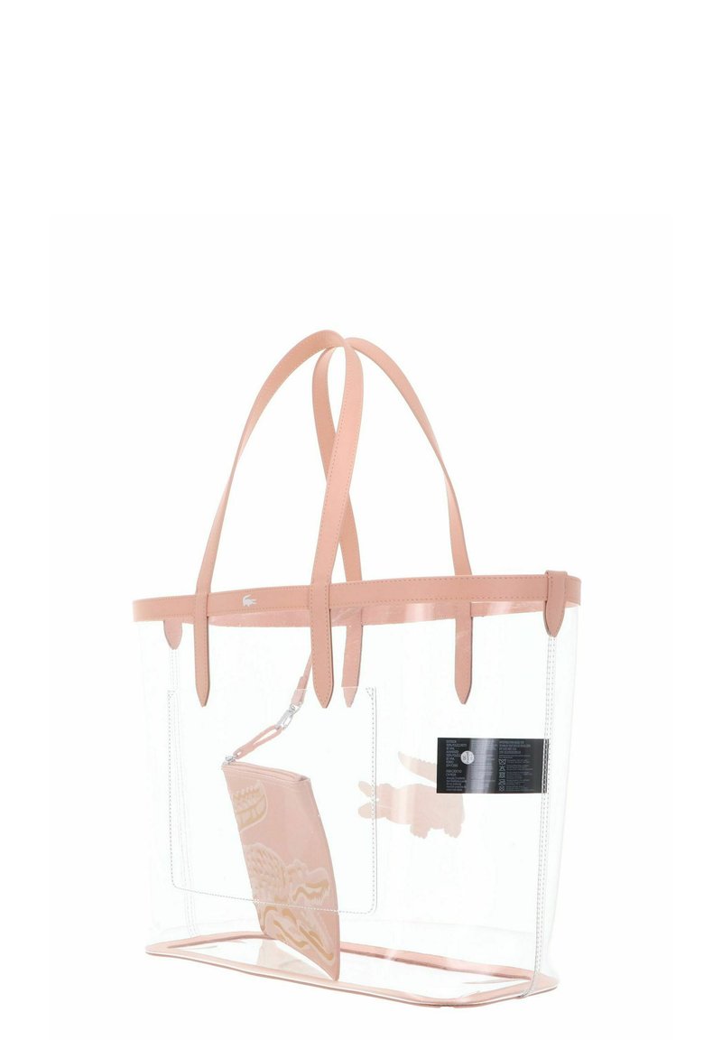Borsa tote trasparente con rifiniture e manici rosa chiaro, contenente una pochette rosa coordinata all'interno.