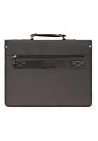 Donkerbruine laptop-laptopcase van textuur nylon stof. Voorzien van een handvat bovenaan, een voorvak met rits en leren accenten. Eenvoudig ontwerp.