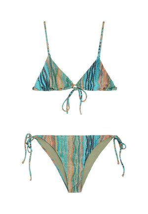 Bikini de dos piezas con tiras anudadas en la parte superior e inferior, con un patrón de rayas onduladas en varios colores azul, naranja y verde.
