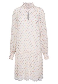 Robe pastel à motif floral avec des manches longues, un col haut froncé et un décolleté en trou de serrure. Finition avec un ourlet en dentelle.