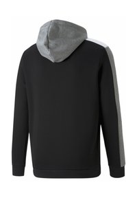 Sudadera negra con capucha gris y acentos en los paneles laterales. Presenta una textura suave y mangas de largo completo. Diseño clásico con un ajuste relajado.